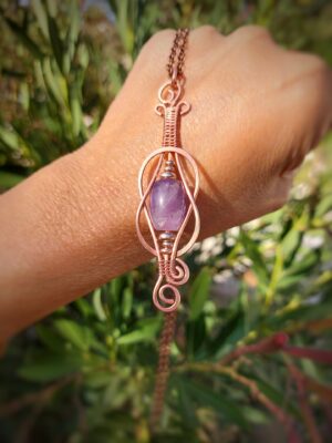 koperen hanger met amethist en wire wrap